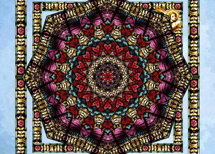 stained Glass Greeting Card featuring the digital art Cherub Window Kaleidoscope by Deborah Smith