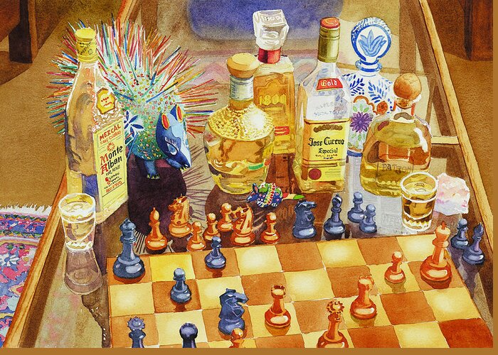 Tequila Greeting Card featuring the painting Chess and Tequila by Mary Helmreich