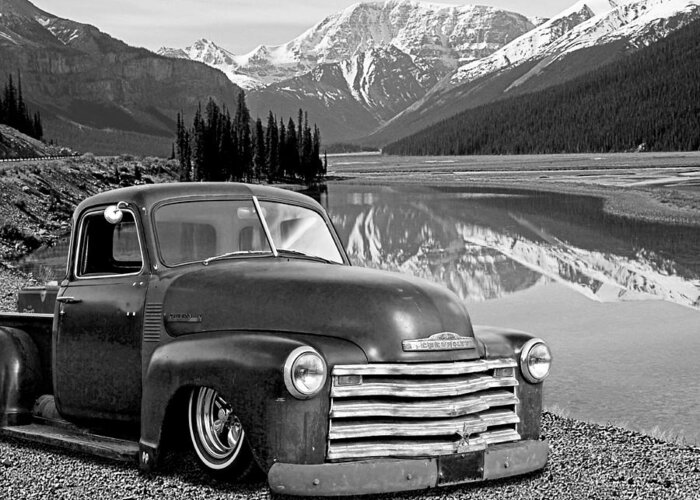 Chevrolet Truck Greeting Card featuring the photograph Chevy Pickup in the Rockies in Black and White by Gill Billington