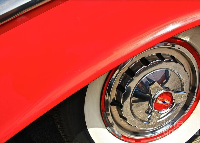 Chev Greeting Card featuring the photograph 1955 Chevy Rim by Linda Bianic
