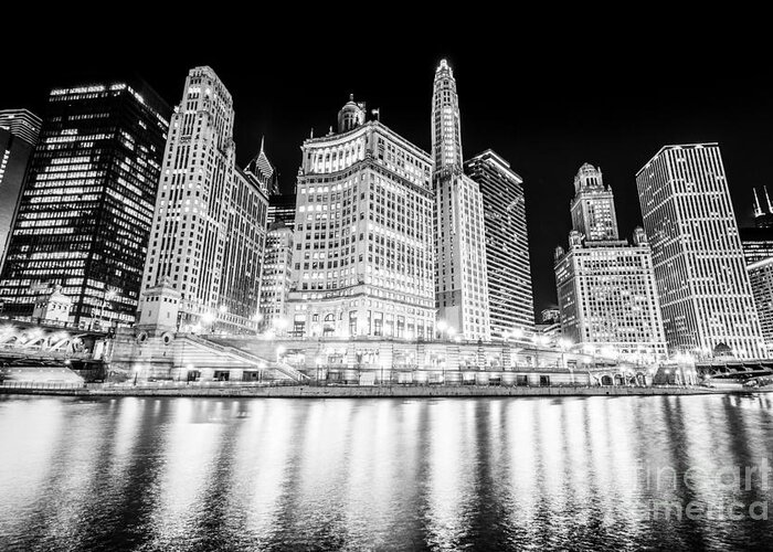 America Greeting Card featuring the photograph Chicago at Night Black and White Picture by Paul Velgos