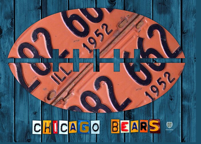 Chicago Greeting Card featuring the mixed media Chicago Bears Football Recycled License Plate Art by Design Turnpike