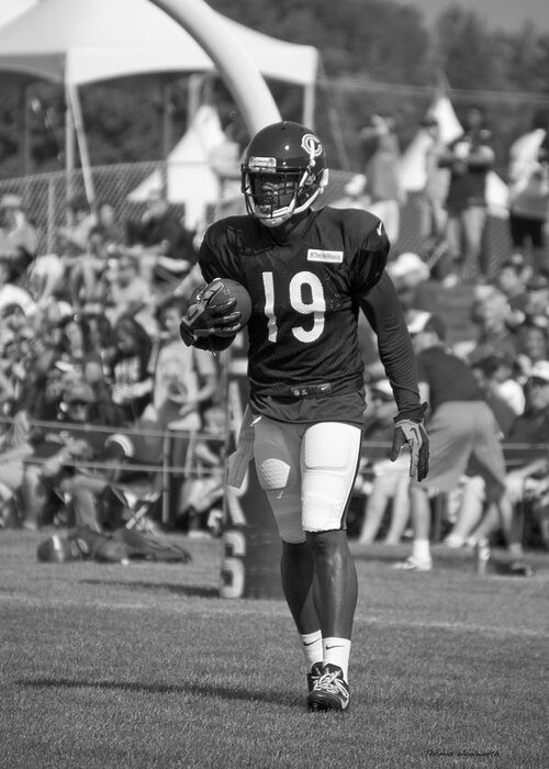 Chicago Bears Greeting Card featuring the photograph Chicago Bears WR Josh Morgan Training Camp 2014 02 BW by Thomas Woolworth
