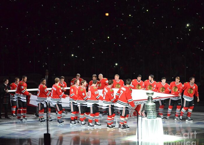 Blackhawks Banner Raising Greeting Card featuring the photograph Chicago Blackhawks and the Banner by Melissa Jacobsen
