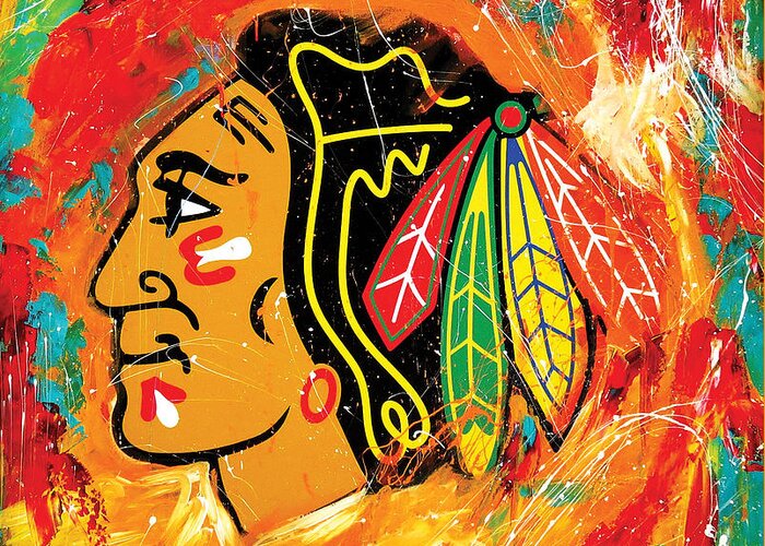 Sports Greeting Card featuring the painting Chicago Blackhawks logo by Elliott Aaron From