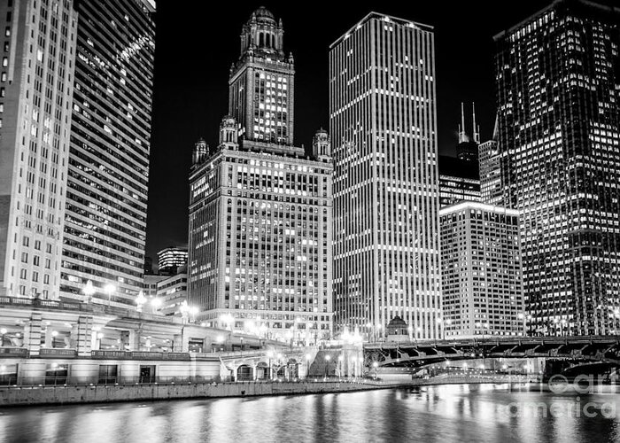 35 East Wacker Drive Building Greeting Card featuring the photograph Chicago Downtown at Night Black and White Picture by Paul Velgos