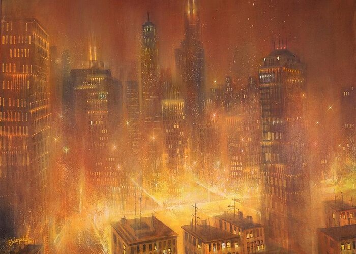 Chicago Greeting Card featuring the painting Chicago Gold by Tom Shropshire