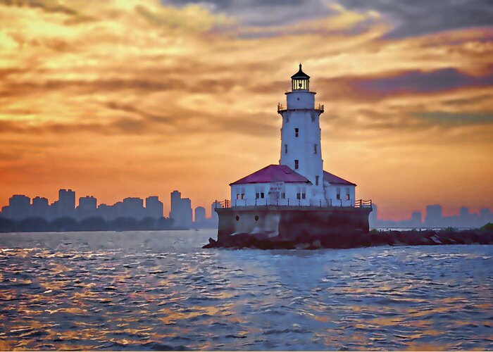 Chicago Greeting Card featuring the digital art Chicago Lighthouse Impression by John Hansen