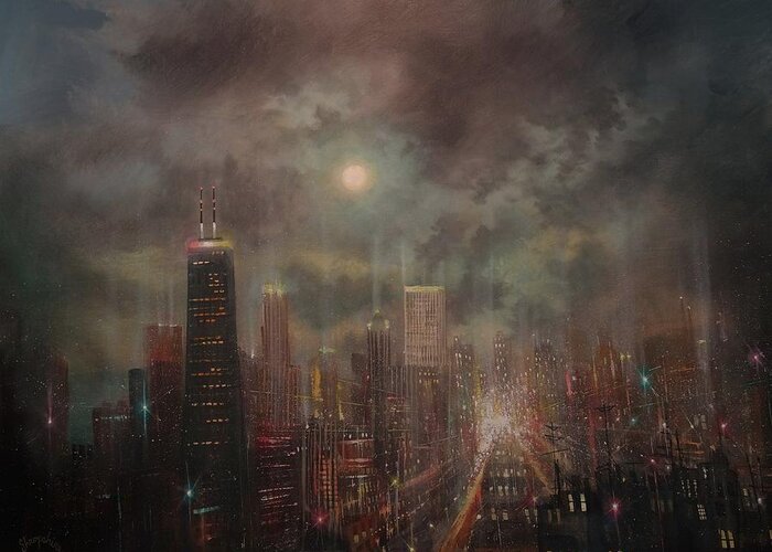  Chicago Greeting Card featuring the painting Chicago Moon by Tom Shropshire