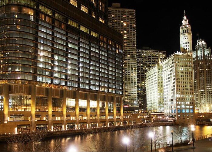 Tranquility Greeting Card featuring the photograph Chicago River Front Night View by J.castro