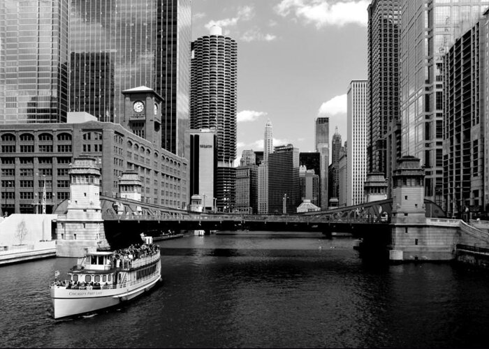 Bridge Greeting Card featuring the photograph Chicago River Skyline Bridge Boat by Patrick Malon