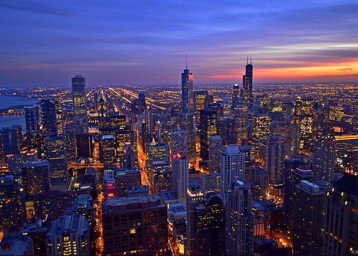 Chicago Greeting Card featuring the photograph Chicago Skyline at Dusk from John Hancock Signature Lounge by Jeff at JSJ Photography