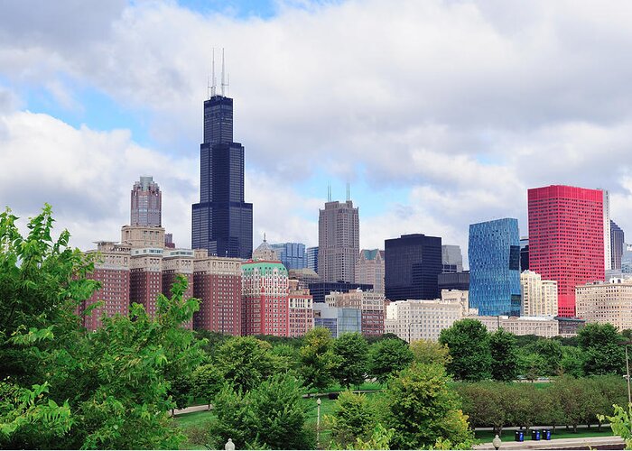 Chicago Greeting Card featuring the photograph Chicago skyline over park by Songquan Deng