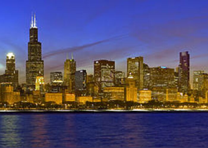 Chicago Greeting Card featuring the photograph Chicago Ultrawide Panorama Sunset by Donald Schwartz