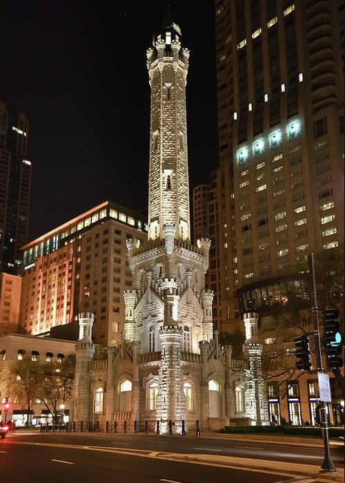 Tranquility Greeting Card featuring the photograph Chicago Water Tower Illuminated At Night by Sir Francis Canker Photography