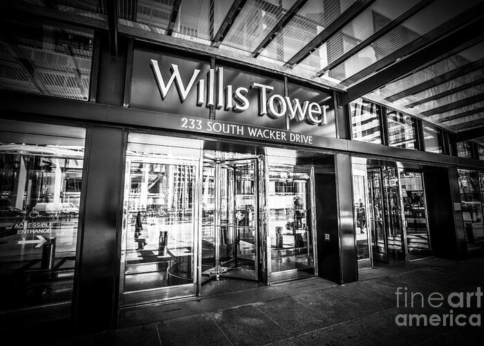 America Greeting Card featuring the photograph Chicago Willis-Sears Tower Sign in Black and White by Paul Velgos