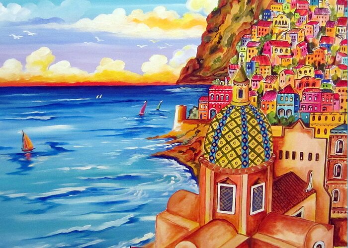 Positano Greeting Card featuring the painting Chiesa a POSITANO by Roberto Gagliardi