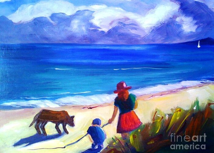 Seascape Greeting Card featuring the painting Children with Dog - original SOLD by Therese Alcorn