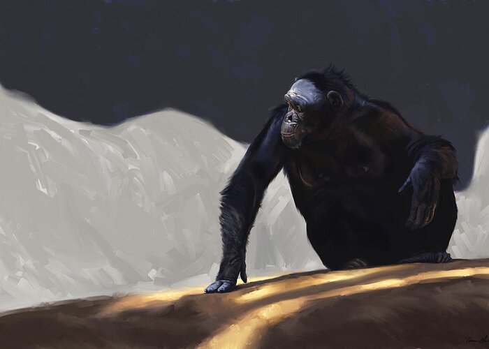 Chimp Greeting Card featuring the digital art Chimp Contemplation by Aaron Blaise