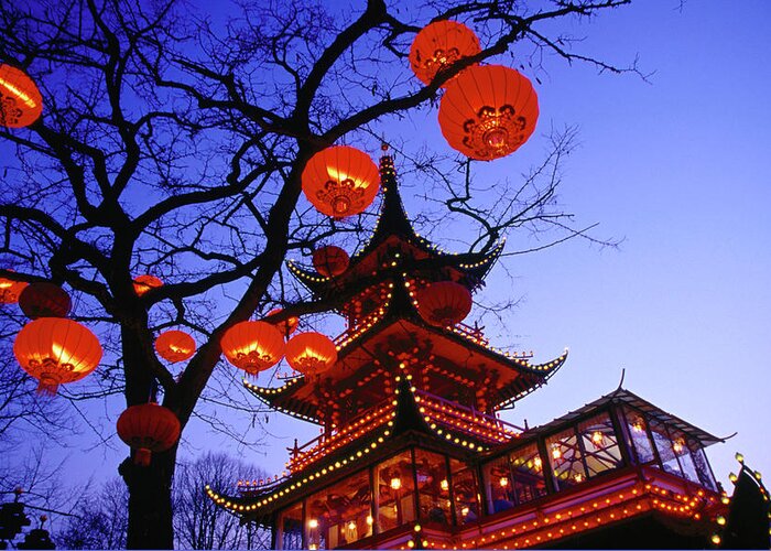 Pagoda Greeting Card featuring the photograph Chinese Pagoda And Tree Lanterns In by Izzet Keribar