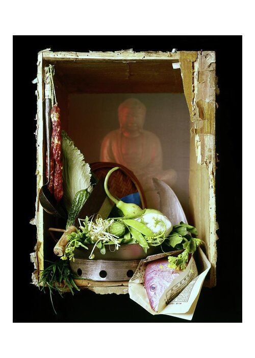 Still Life Greeting Card featuring the photograph Chinese Statue With Cooking Items by Fotiades