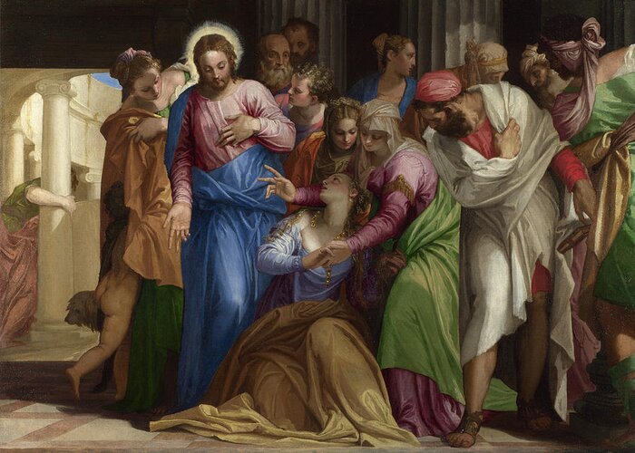Paolo Veronese Greeting Card featuring the painting Christ addressing a Kneeling Woman by Paolo Veronese