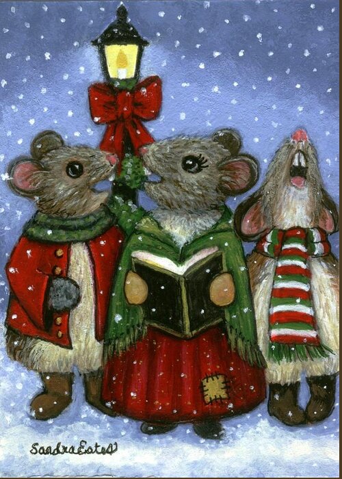 Christmas Greeting Card featuring the painting Christmas Caroler Mice by Sandra Estes