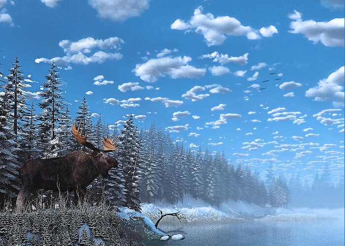 America Greeting Card featuring the digital art Christmas Day at Moose Lake by Ken Morris