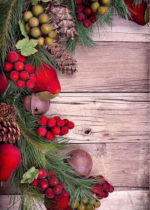 Background Greeting Card featuring the photograph Christmas decorative fruit on wood by Jennifer Huls