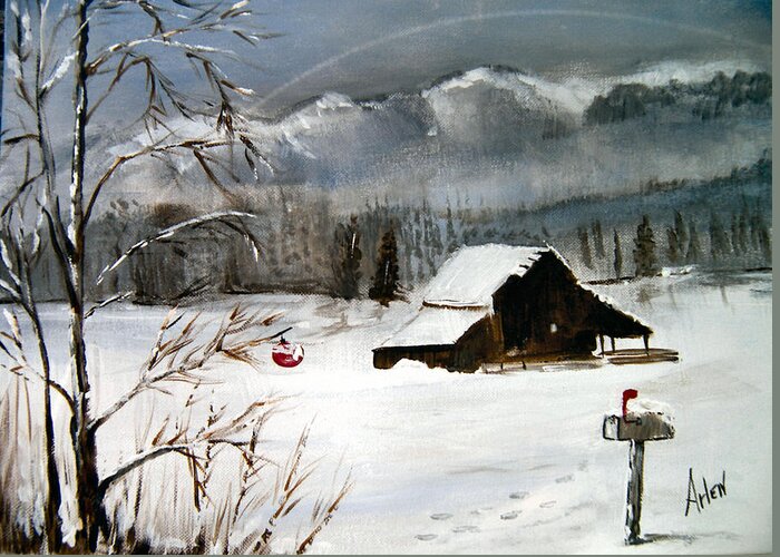 Christmas Greeting Card featuring the painting Christmas Farm House by Arlen Avernian - Thorensen