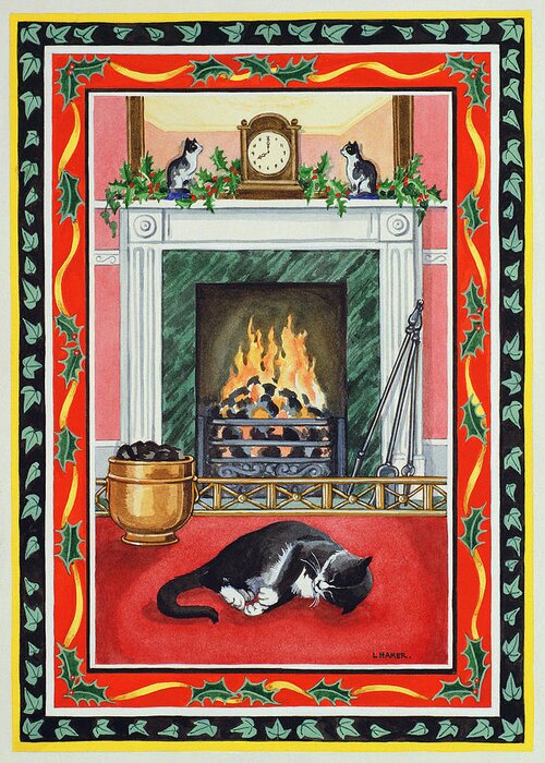 Cat Greeting Card featuring the painting Christmas Fire by Lavinia Hamer