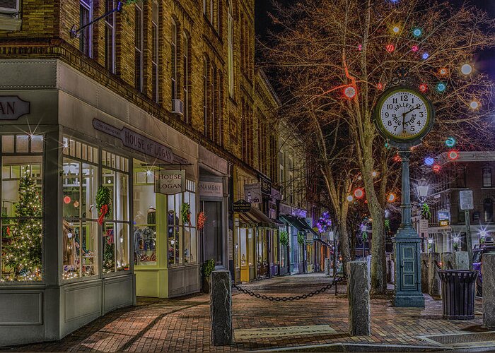 Bath Maine Front Street Christmas Holiday Store Clock Main New England Show Decorations Coast Greeting Card featuring the photograph Christmas in Bath by David Hufstader