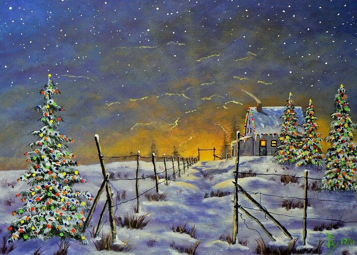 Christmas Greeting Card featuring the painting Christmas in the Country by Ray Nutaitis