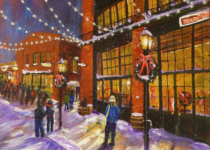 Christmas Greeting Card featuring the painting Christmas Market Distllery District by Brent Arlitt