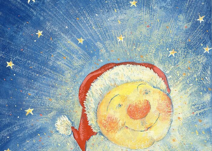 Face; Snowman; Moon; Anthropomorphic; Stars; Night; Smiling; Merry; Festive; Jolly; Christmas Card; Santa Hat; Children's Illustration Greeting Card featuring the painting Christmas Moon by David Cooke