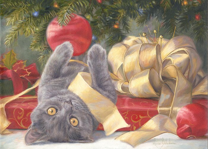 Cat Greeting Card featuring the painting Christmas Surprise by Lucie Bilodeau