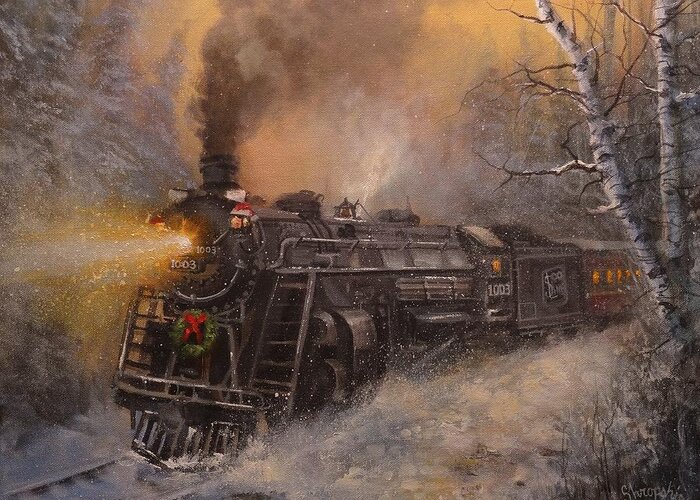 Trains Greeting Card featuring the painting Christmas Train in Wisconsin by Tom Shropshire
