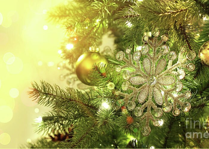 Backdrop Greeting Card featuring the photograph Christmas tree decorations with sparkle background by Sandra Cunningham