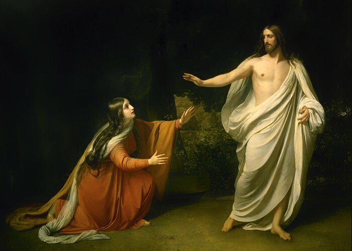 Painting Greeting Card featuring the painting Christ's Appearance to Mary Magdalene after the Resurrection by Mountain Dreams