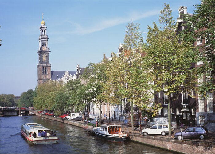 Photography Greeting Card featuring the photograph Church Along A Channel In Amsterdam by Panoramic Images