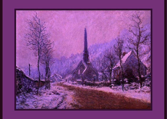 Church Churches Minister Ministers Ministering Ministered Ministry Ministries Jefousse France French 1800s 19th Century Village Villages Villager Villagers Town Towns Snow Snowy Weather Forecast Winter Precipitation Snowed Precipitate Cloud Clouds Cloudy Clouded Overcast Haze Hazy Hazier Humid Humidity Christmas January February March November Fall Autumn Spring Winter Solstice Violet Violets Purple Purples Purplish Lavender Lavenders Tree Trees Stone Stones Wall Walls Barren Trees Mud Muddy Greeting Card featuring the painting Church At Jeufosse Snowy Weather Enhanced triple border by L Brown