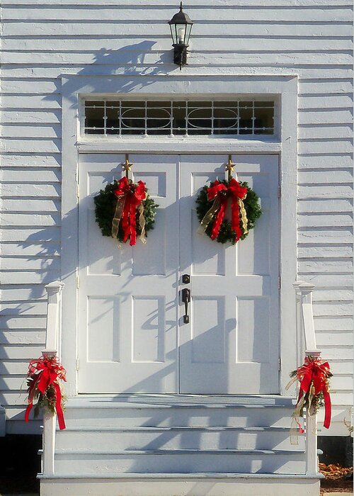 Victor Montgomery Greeting Card featuring the photograph Church Doors At Christmas by Vic Montgomery