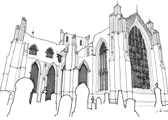 Architecture Greeting Card featuring the drawing Church Ruins by Calvin Durham