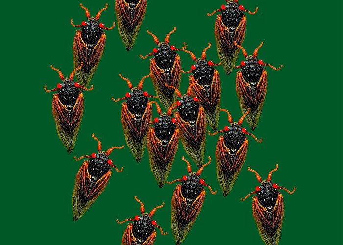  Greeting Card featuring the digital art Cicadas in Green by R Allen Swezey