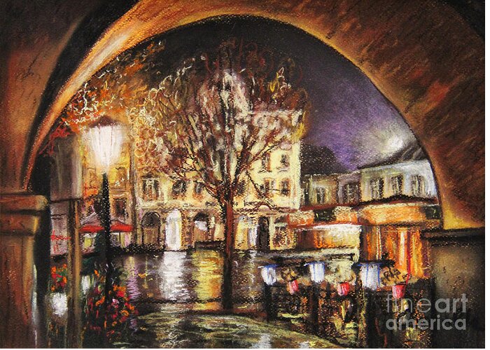 Cieszyn Rynek Greeting Card featuring the painting Cieszyn at Night by Dariusz Orszulik
