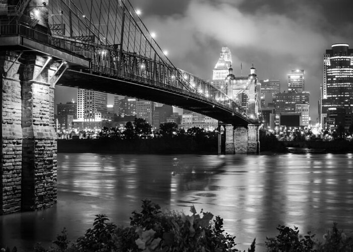 Cincinnati Skyline Greeting Card featuring the photograph Cincinnati Skyline - John Roebling Bridge and Ohio River by Gregory Ballos