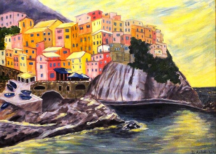 Cinque Terre Ligurian Greeting Card featuring the painting Cinque Terre Sunrise by Diane Arlitt