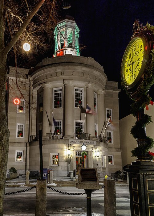 Bath Maine City Hall Front Street Main Street Winter Holiday Christmas History Greeting Card featuring the photograph City Hall by David Hufstader