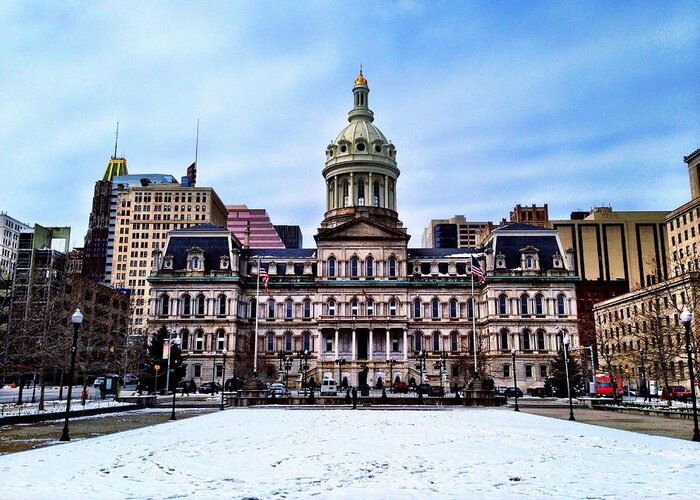 Baltimore Greeting Card featuring the photograph City Hall in Baltimore by Chris Montcalmo