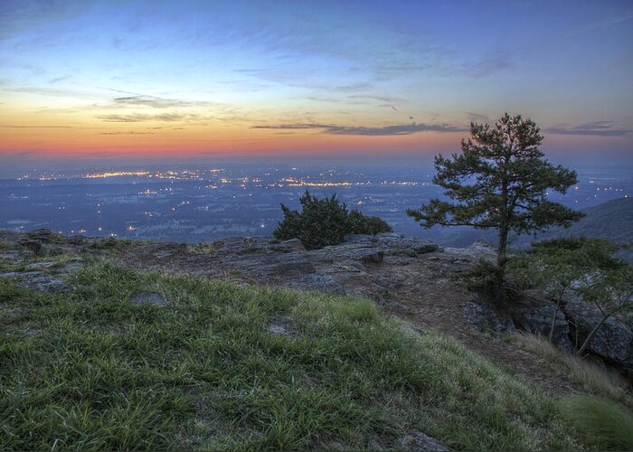 Mt. Nebo Greeting Card featuring the photograph City Lights from Sunrise Point at Mt. Nebo - Arkansas by Jason Politte